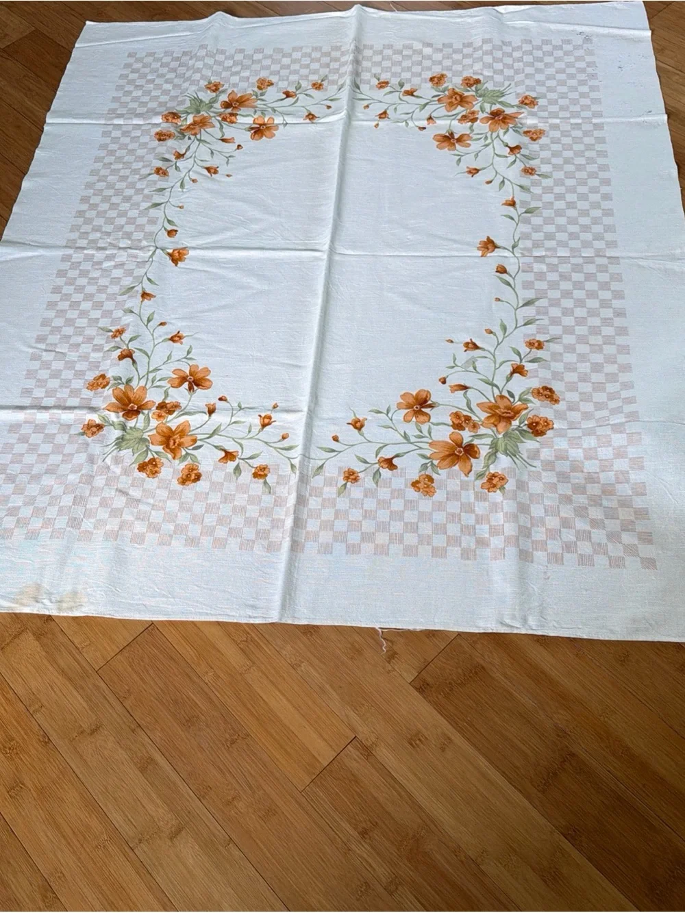 Vtg Square Tablecloth Off White Linen Subtle Checkered Border Orange Garland